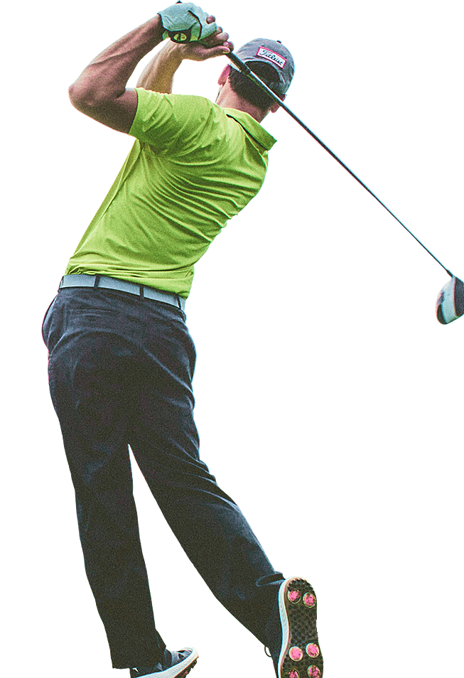Cut-out image of a golfer in a green polo at the end of a powerful swing.